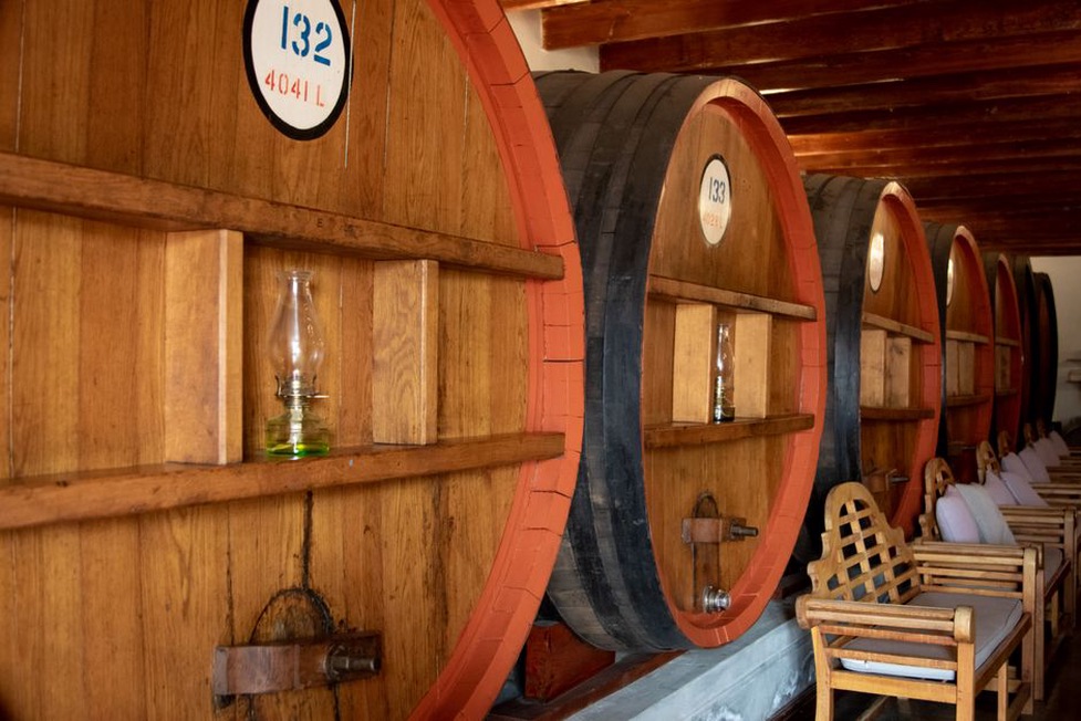 unutrašnjost kamene konobe s drvenim bačvama i pripremljenom degustacijom vina
